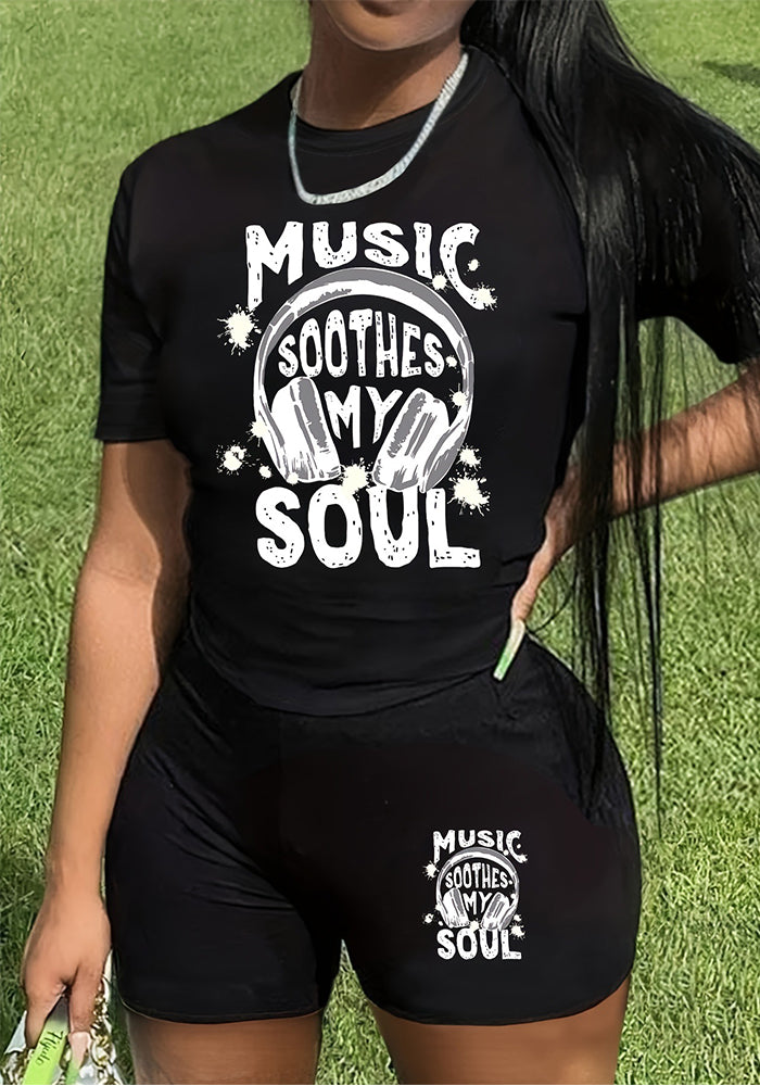 Women Spring and Summer Casual Print Short Sleeve Top and Shorts Two-Piece Set