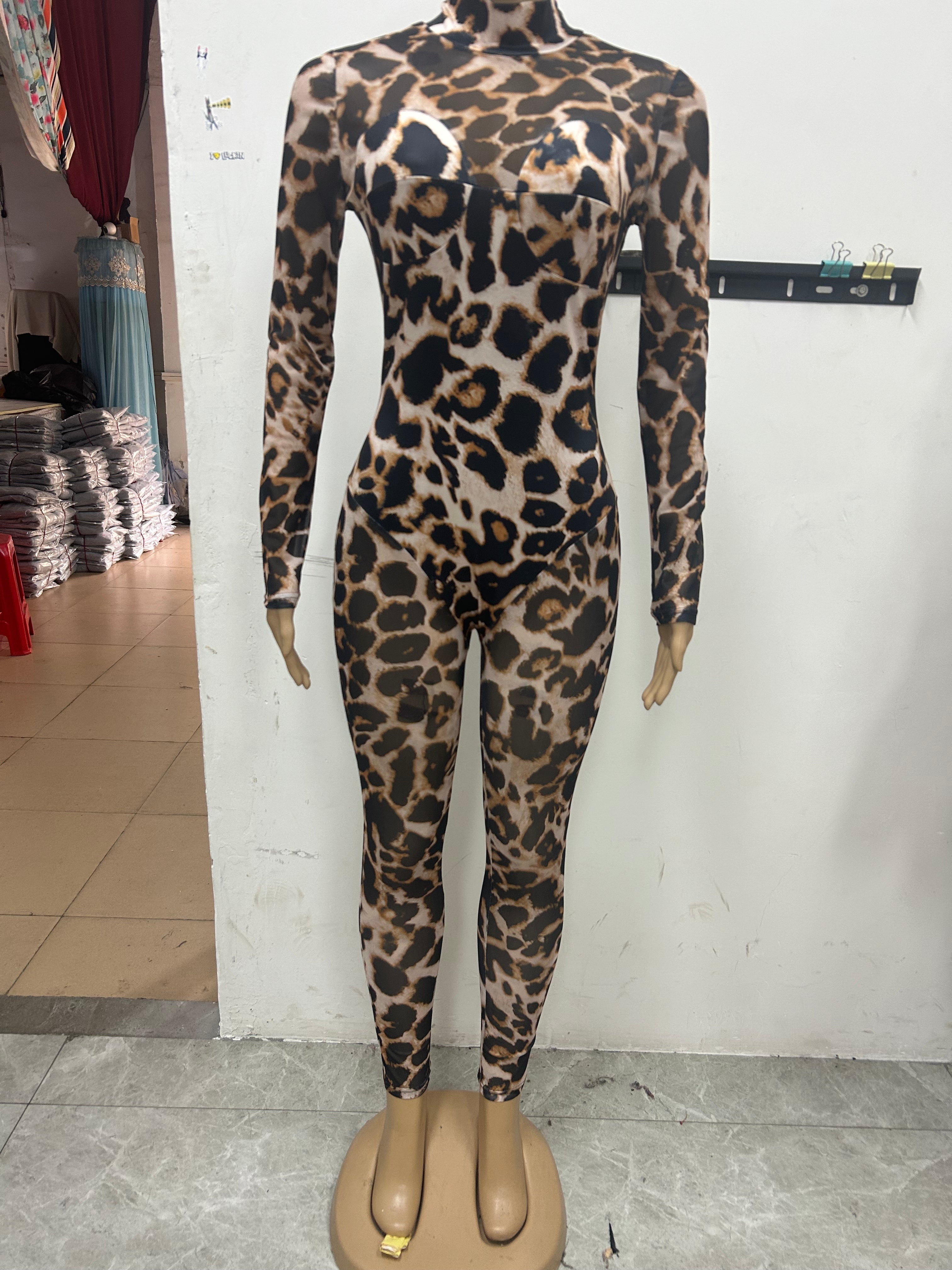 Women's Spring Leopard Print Mesh Long Sleeve Tight Fitting Sexy Jumpsuit 9