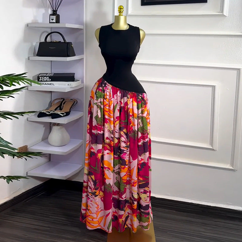 Women's Summer print Round Neck sleeveless high waist A-line long dress