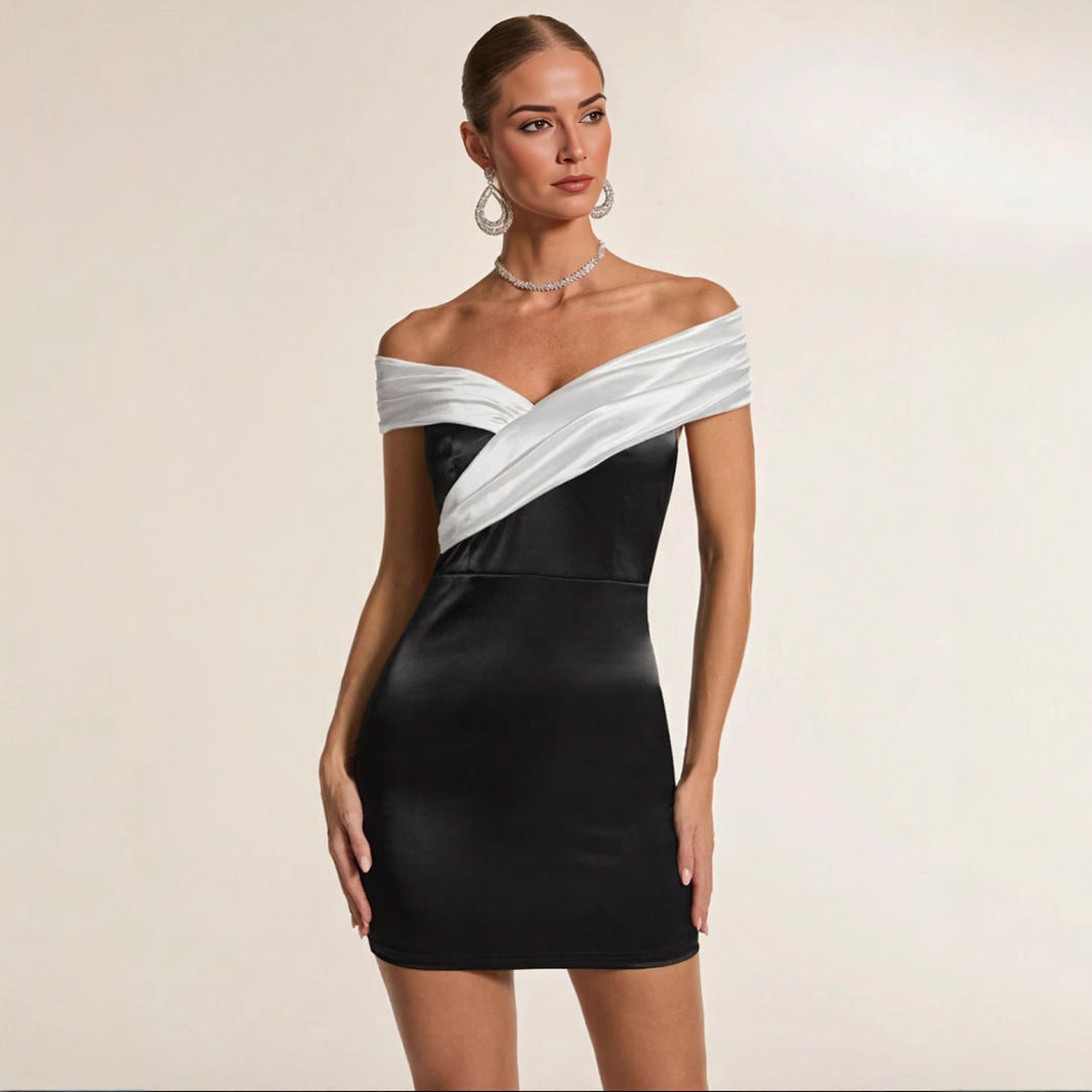 Women Black and White Off Shoulder Backless Bodycon Cocktail Mini Dress 5