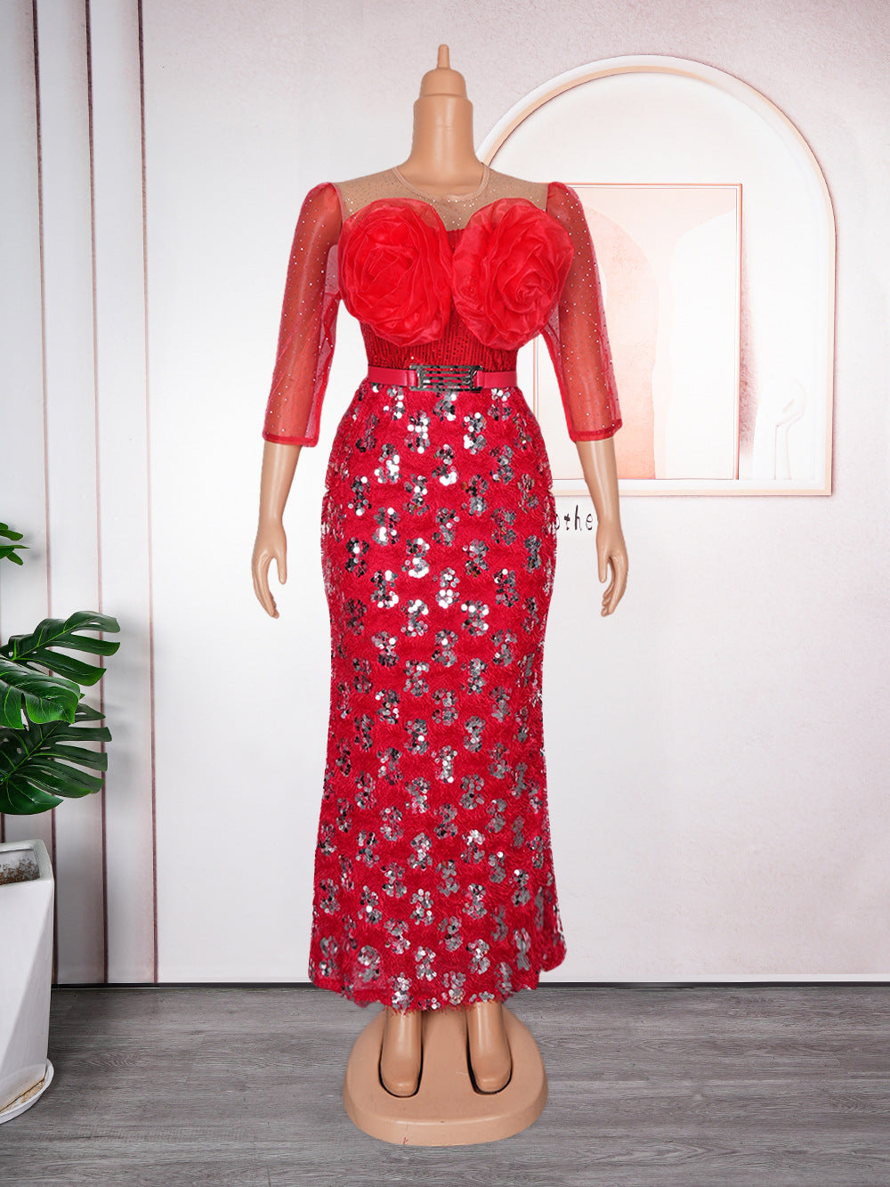 Plus Size Women African Formal Party Party Patchwork Sequin Flower Dress 16