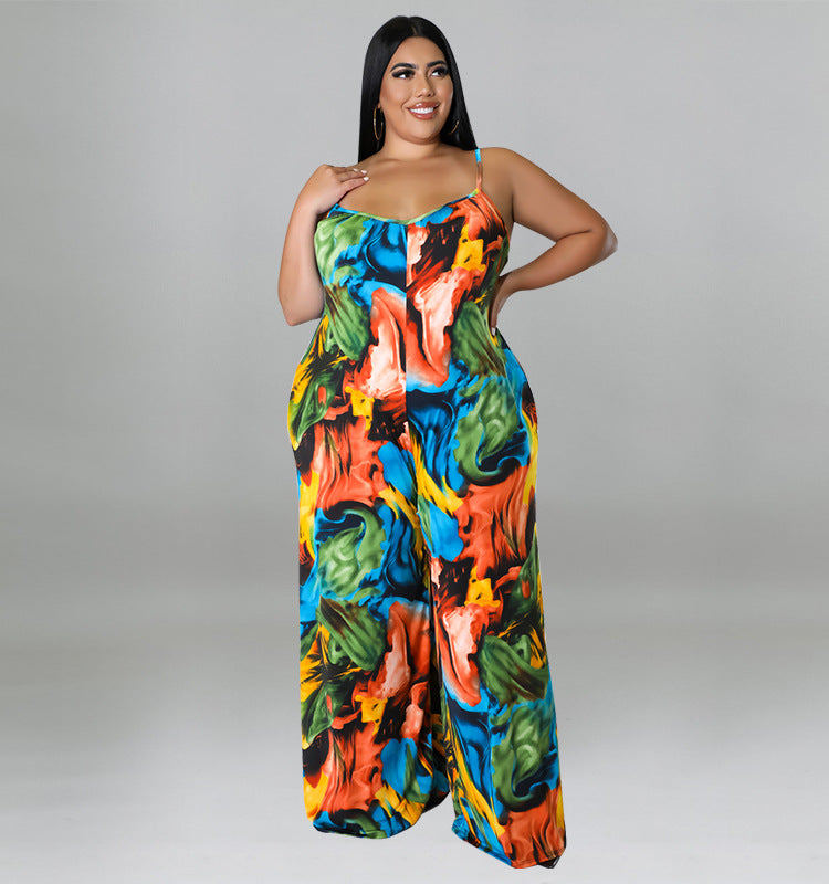 Plus Size Women summer suspender print Jumpsuit with belt 4