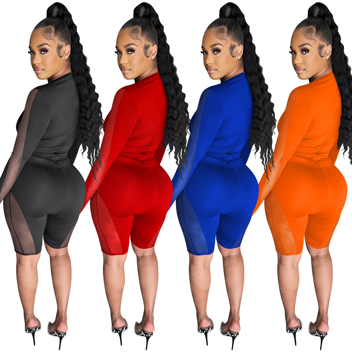 Women's Fashion Mesh See-Through Round Neck Shorts Long Sleeve Two Piece 5