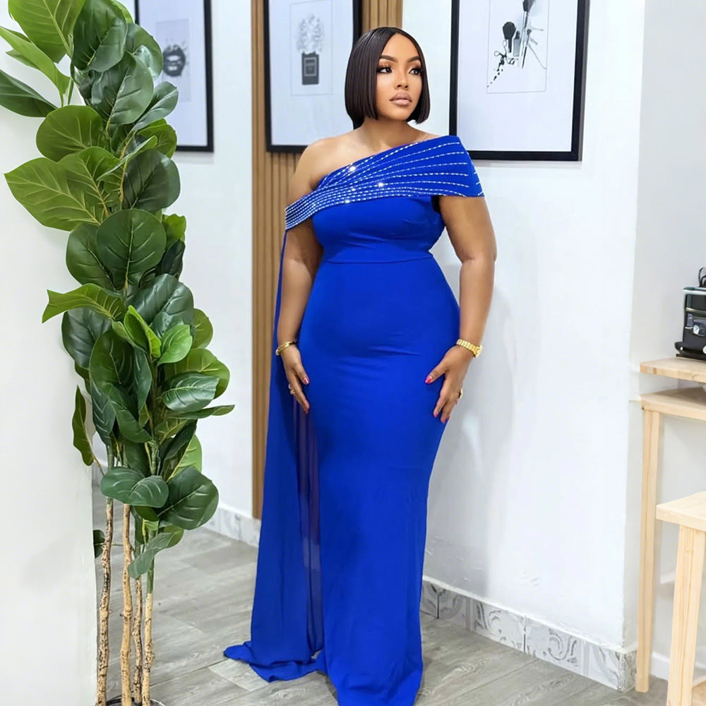 Women's Slash Shoulder Beaded Sexy Slim Fit Long Dress 6