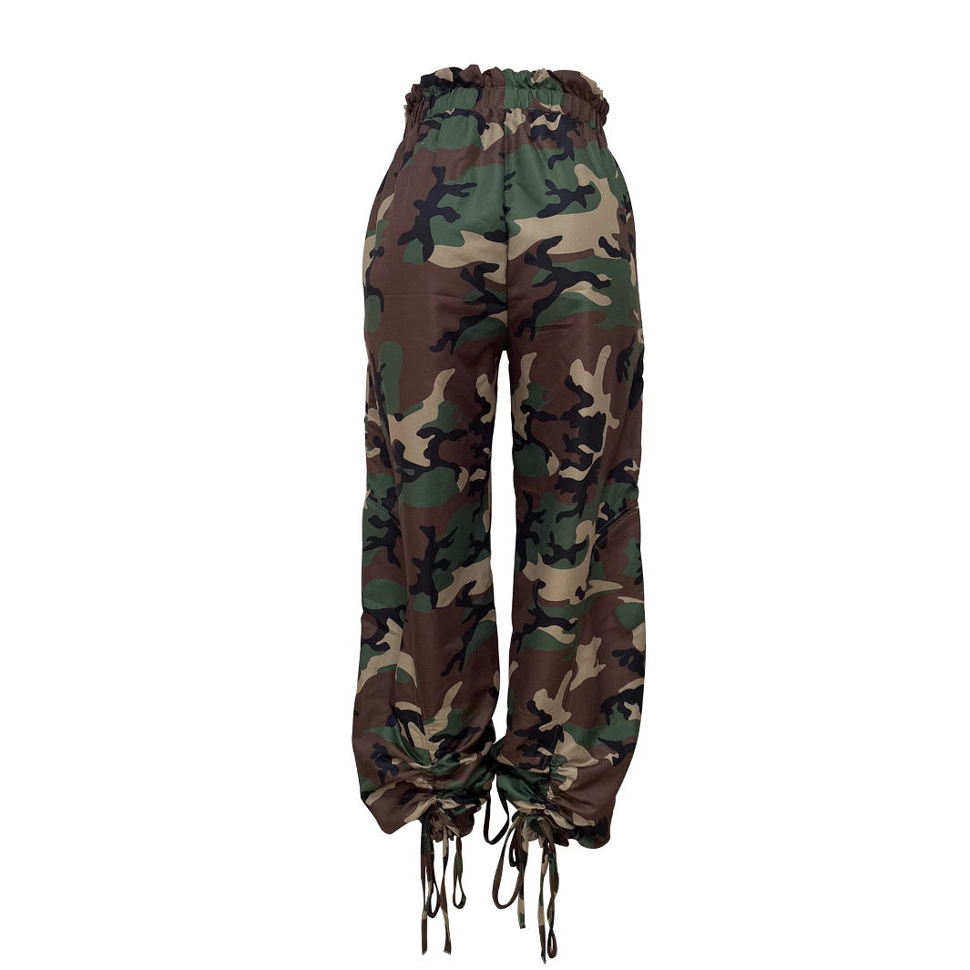 Women Camouflage Print Lace-Up Large Pocket Lantern Camouflage Pants 5