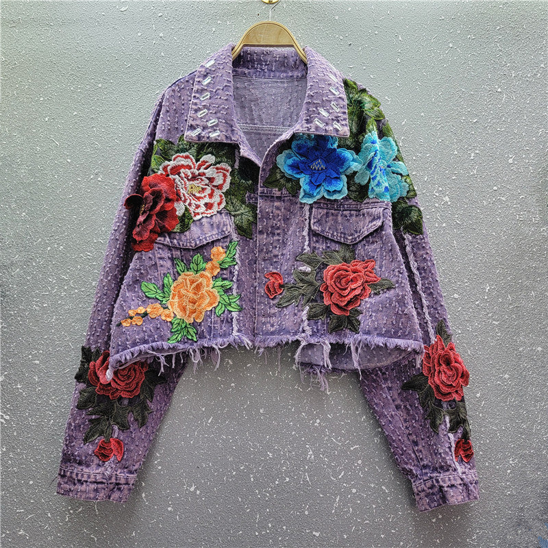 Women Spring Floral Raw Edge Casual Denim Jacket 3