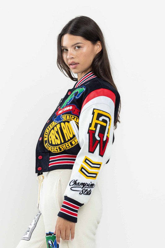 Women Long Sleeve Printed Ribbed Patchwork Baseball Jacket 5
