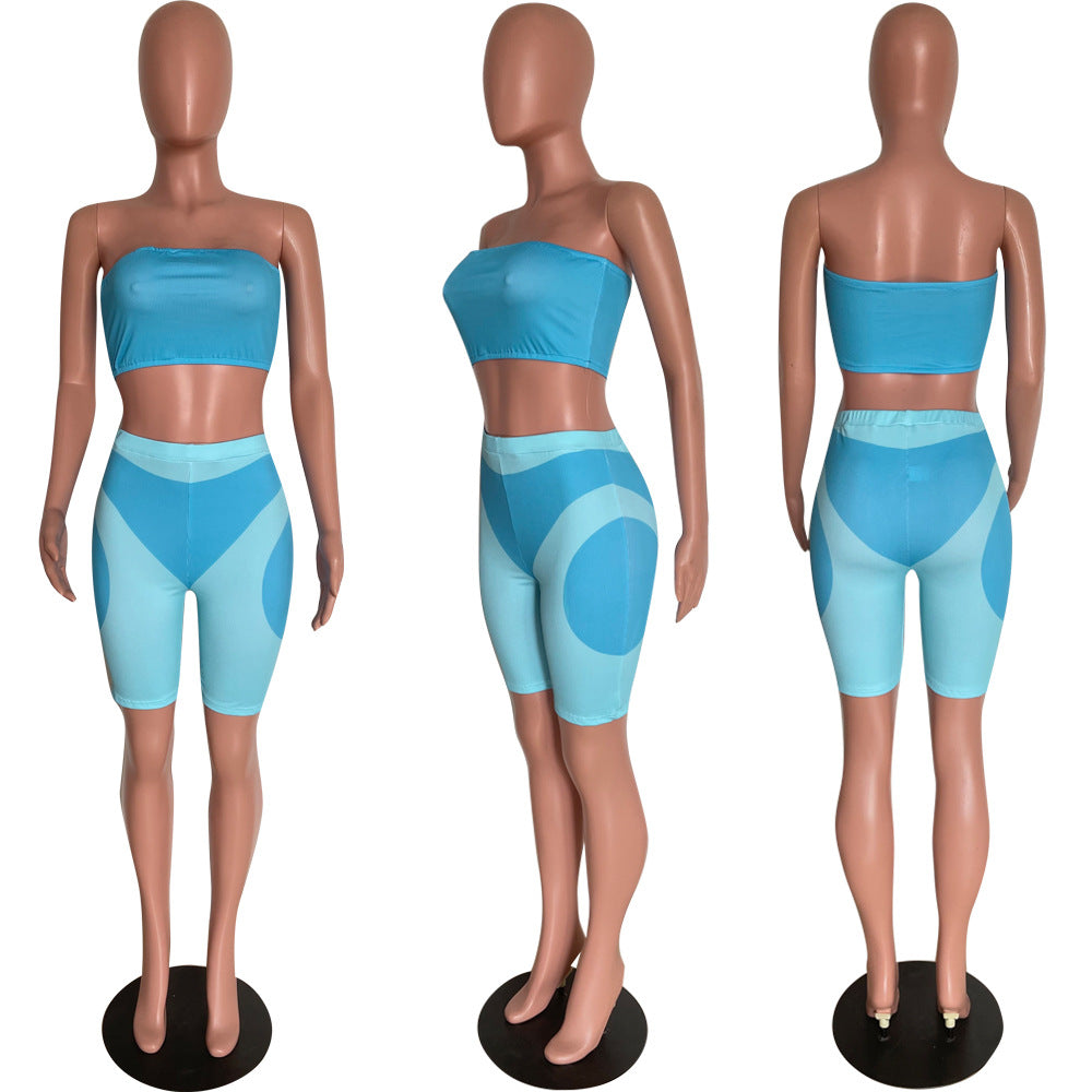 Women's summer fashionable color matching tight fitting strapless two-piece shorts set 15