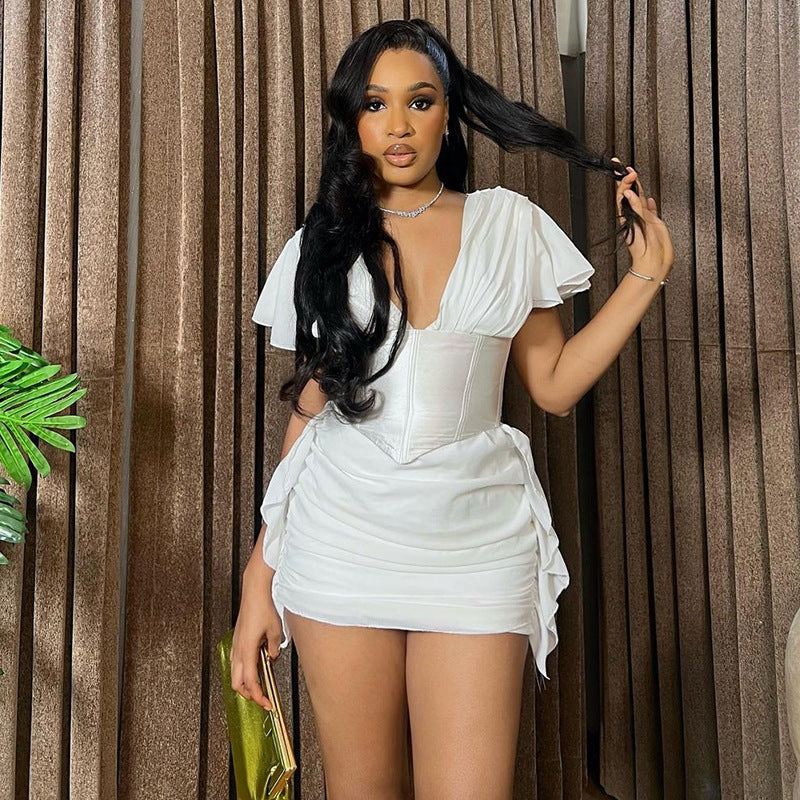 Women Summer V-Neck Short Sleeve Patchwork Pleated Mini Dress