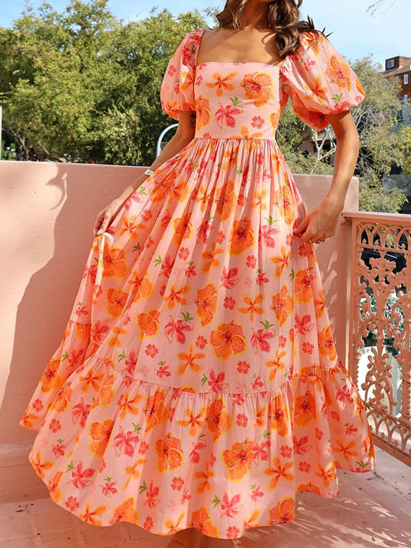 Women summer puff sleeve square neck printed dress 6