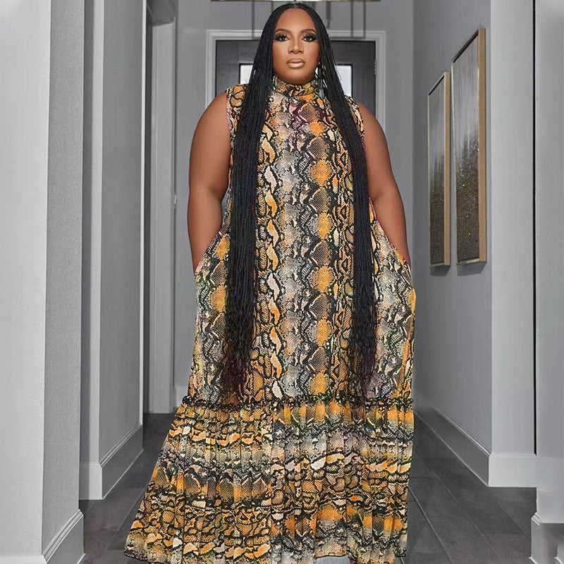 Summer Stand Collar Sleeveless Print Plus Size Women's Stylish Loose Long Dress 4