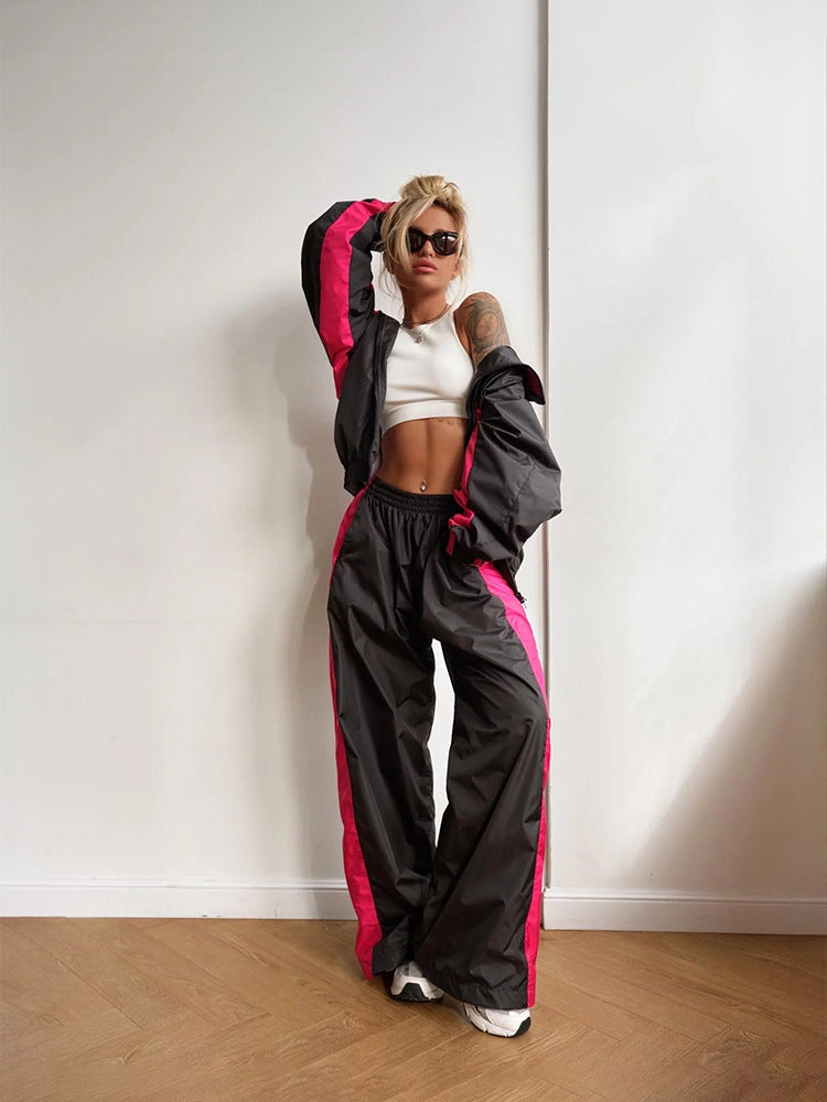 Women's Casual Fashion Loose Color Matching Long Sleeve Zipper Contrast Top and Trousers Sports Two Piece Set