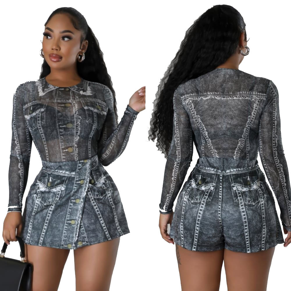 Women Mesh Bodysuit and Print Skirt two-piece set 8