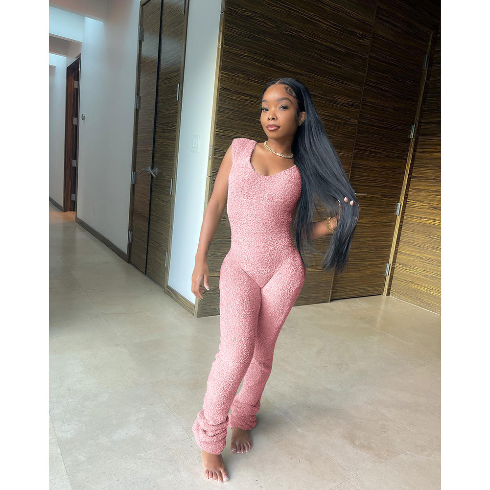 Women's Spring Summer Fashion Rice Grain Fleece Comfortable Sleeveless Pants Jumpsuit 6