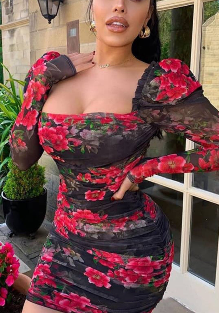 Women Mesh Print Strapless Pleated Long-Sleeved Sexy Backless Bodycon Dress