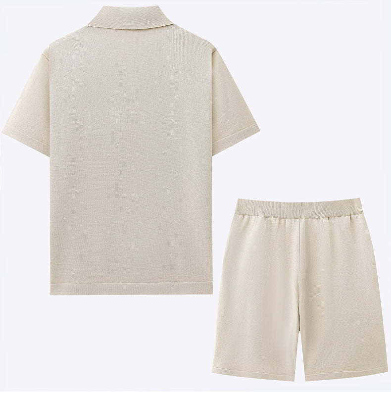Men's Casual Knitting Short Sleeve Jacquard Polo Top and Shorts Two Piece 8
