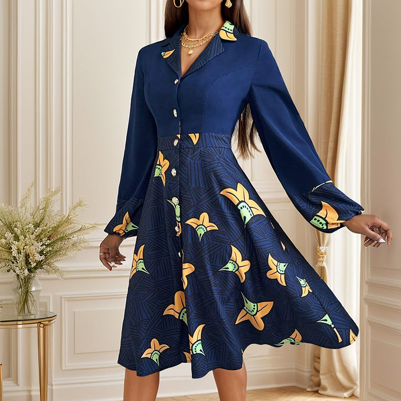 Women Turndown Collar Printed Dress