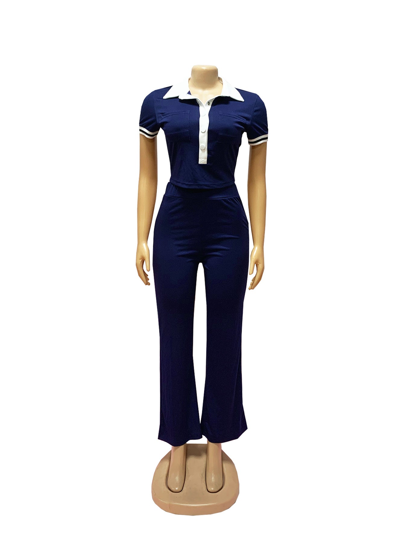 Women Spring and Summer Casual Polo Neck Top and Wide Leg Pants Contrast Color Casual Two Piece Set 16