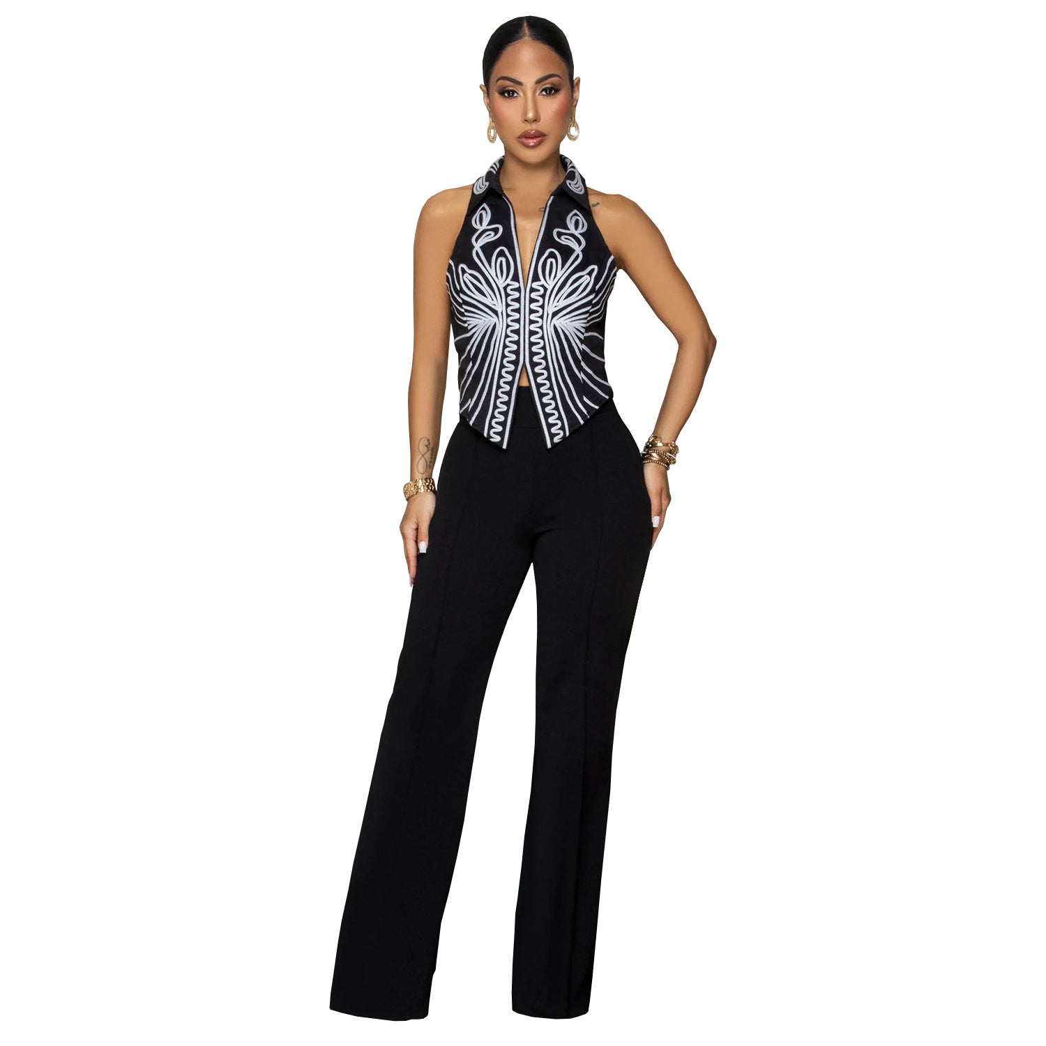 Women Elegant Printed Top and Pants Two-Piece Set 8