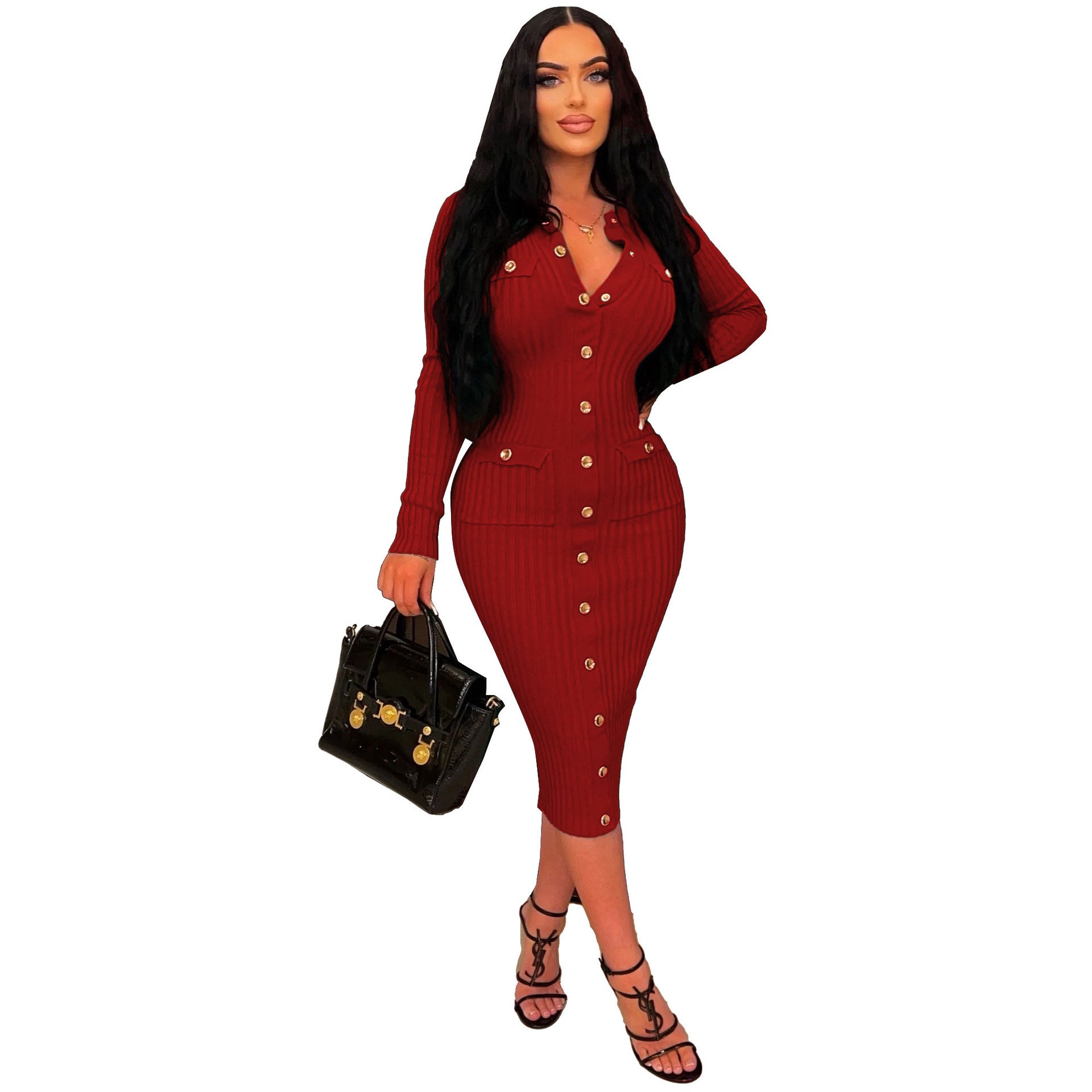 Sexy Slim Fit Solid Color Ribbed Long Bodycon Dress 4