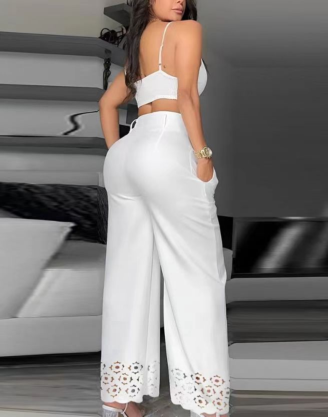 Women's Chic Elegant Solid Color Strap & High-Waist Hollow-Out Straight Trousers Set 4