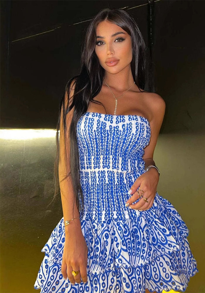 Bohemian Holiday Strapless Slim Waist Mini Cascading Ruffles Dress