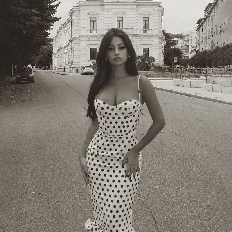 slim waist polka dot pleated Strap long dress 10