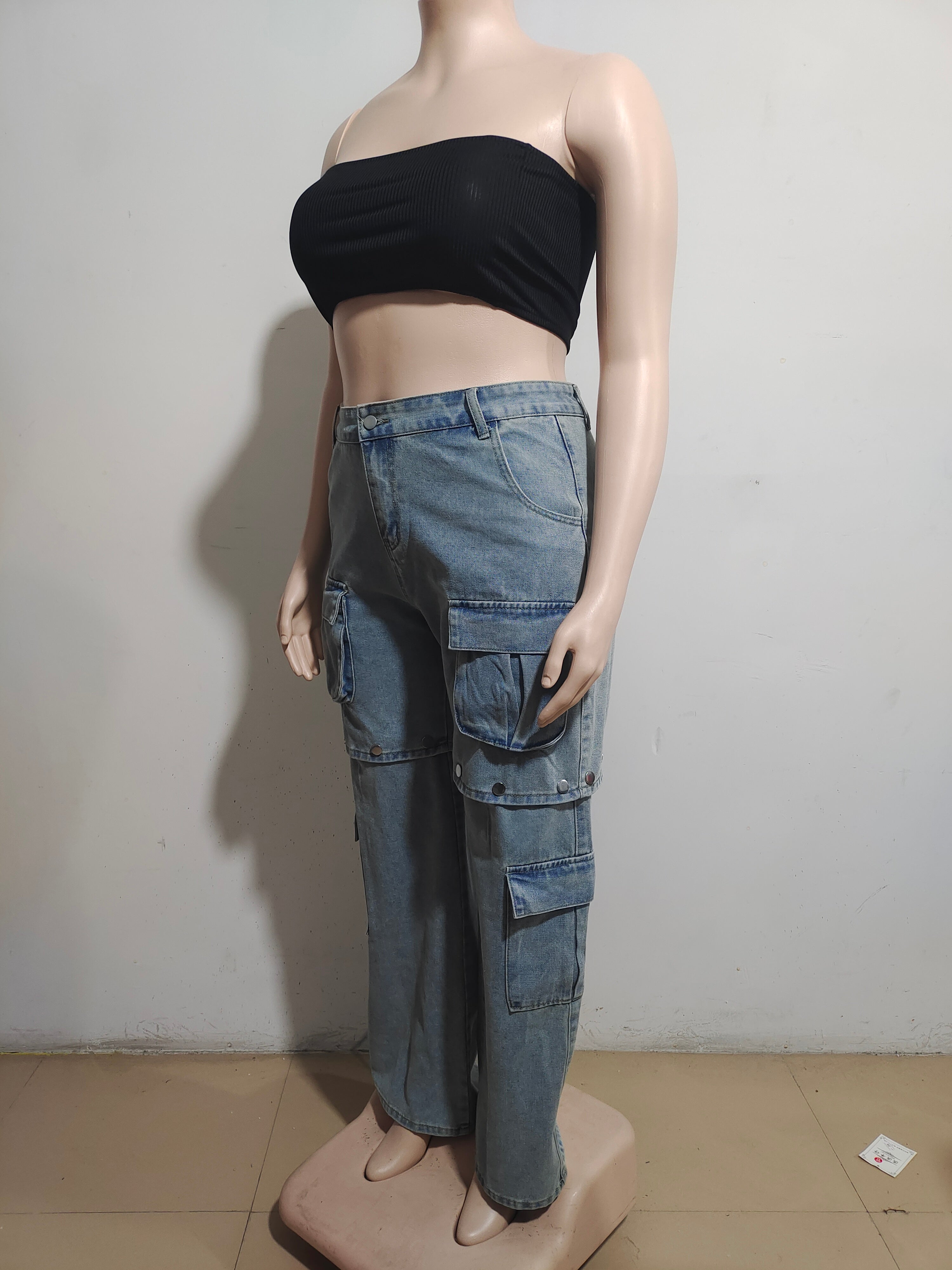 Women Pocket Removable Button Denim Pants 7