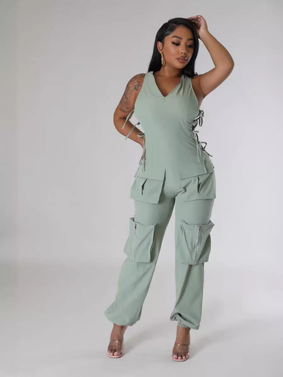 Women v-neck Lace-Up Cargo Jumpsuit 3