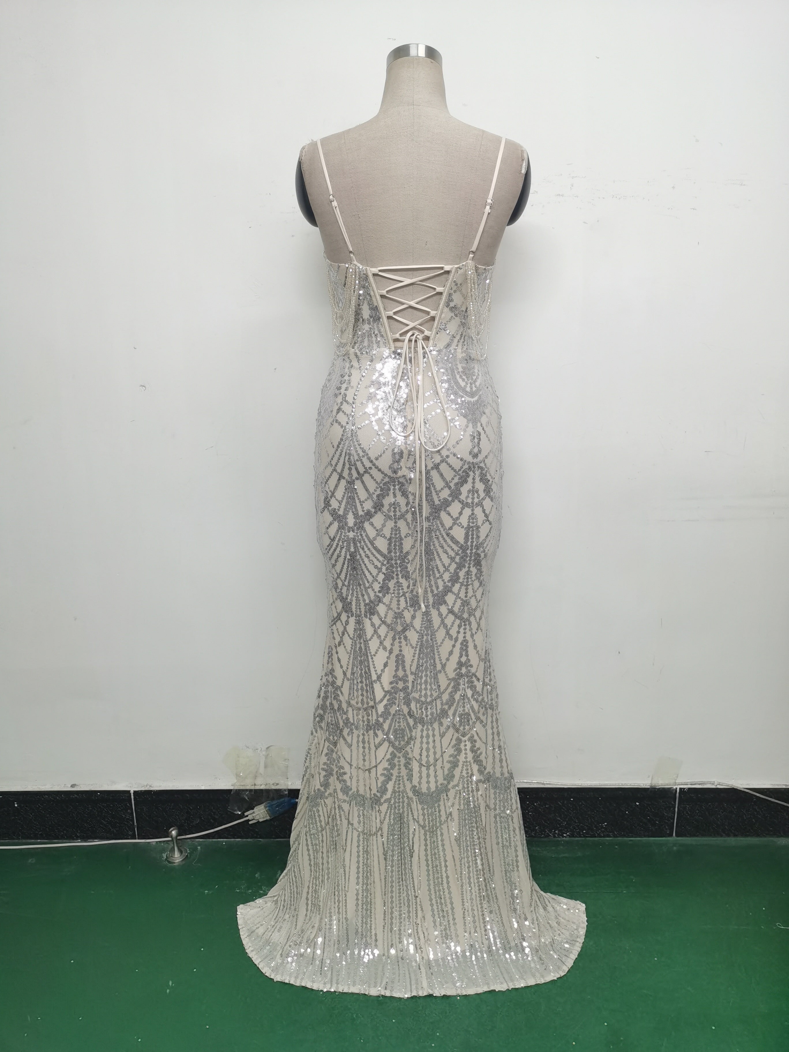 Women beaded sequin fishbone Lace-Up See-Through evening dress 43