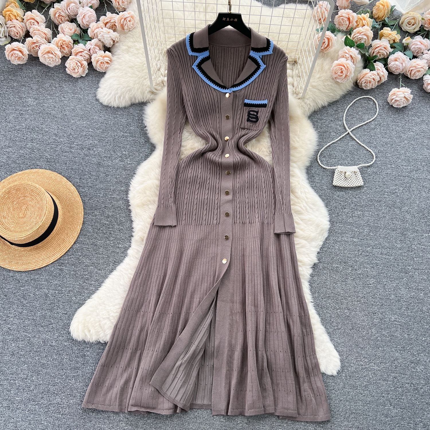 Women Knitting Autumn and Winter Contrast Embroidery Sweater Dress 8