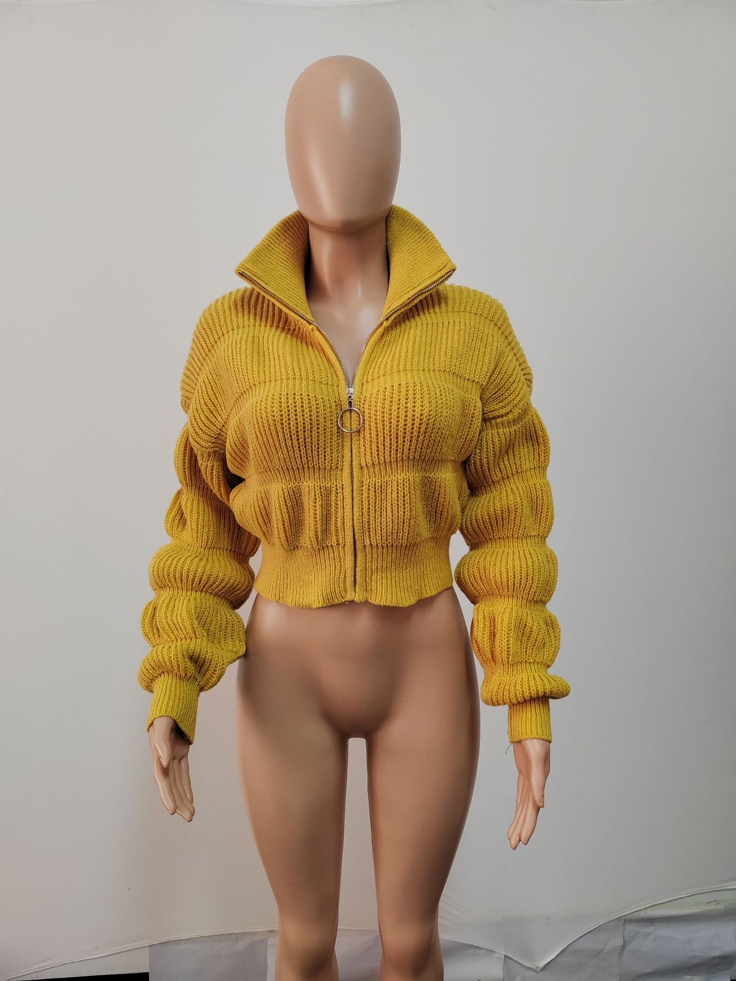 Women loose lantern sleeves Ribbed cuffs zipper sweater 14