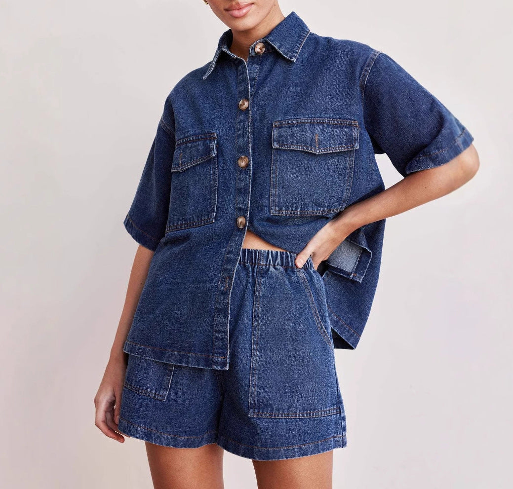 Women Retro Casual Pocket Short Sleeve Shirt and Denim Shorts two-piece set 9