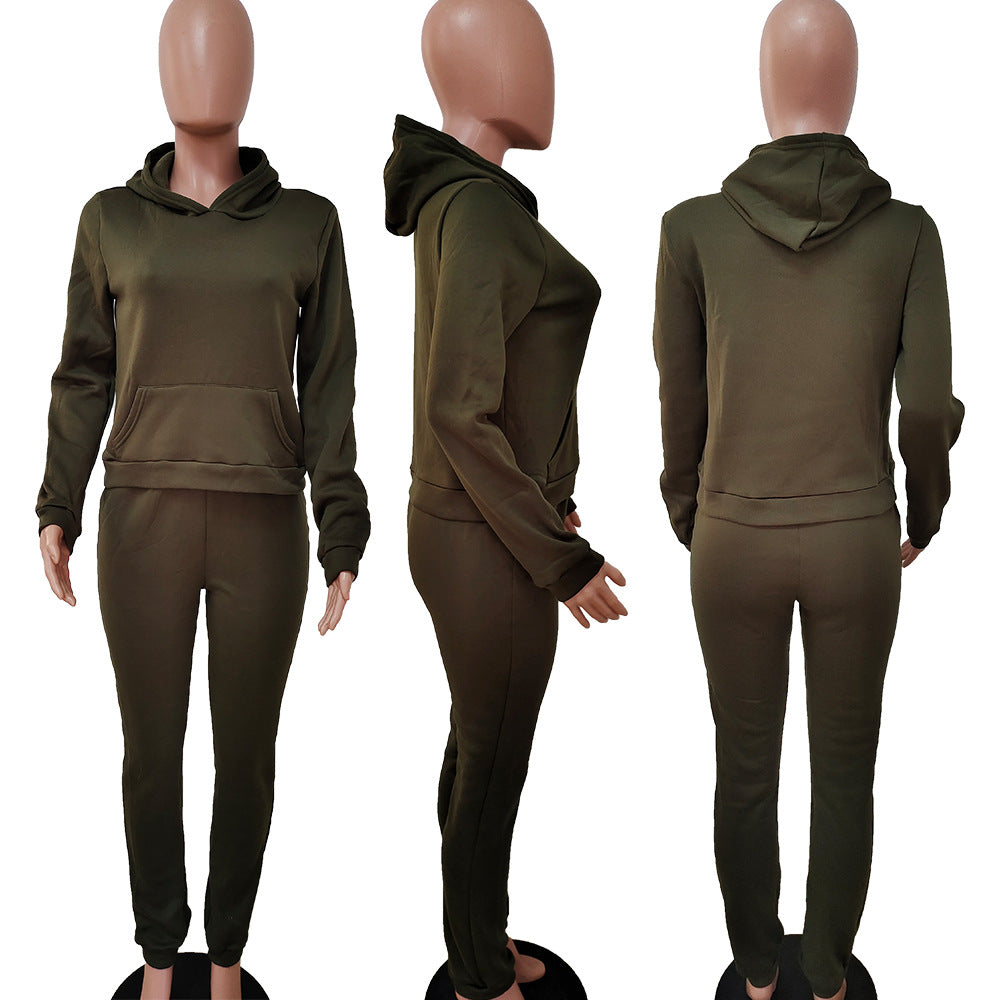 Women Fall/Winter Solid Hoodies and Pant Sport Two-Piece Set 33