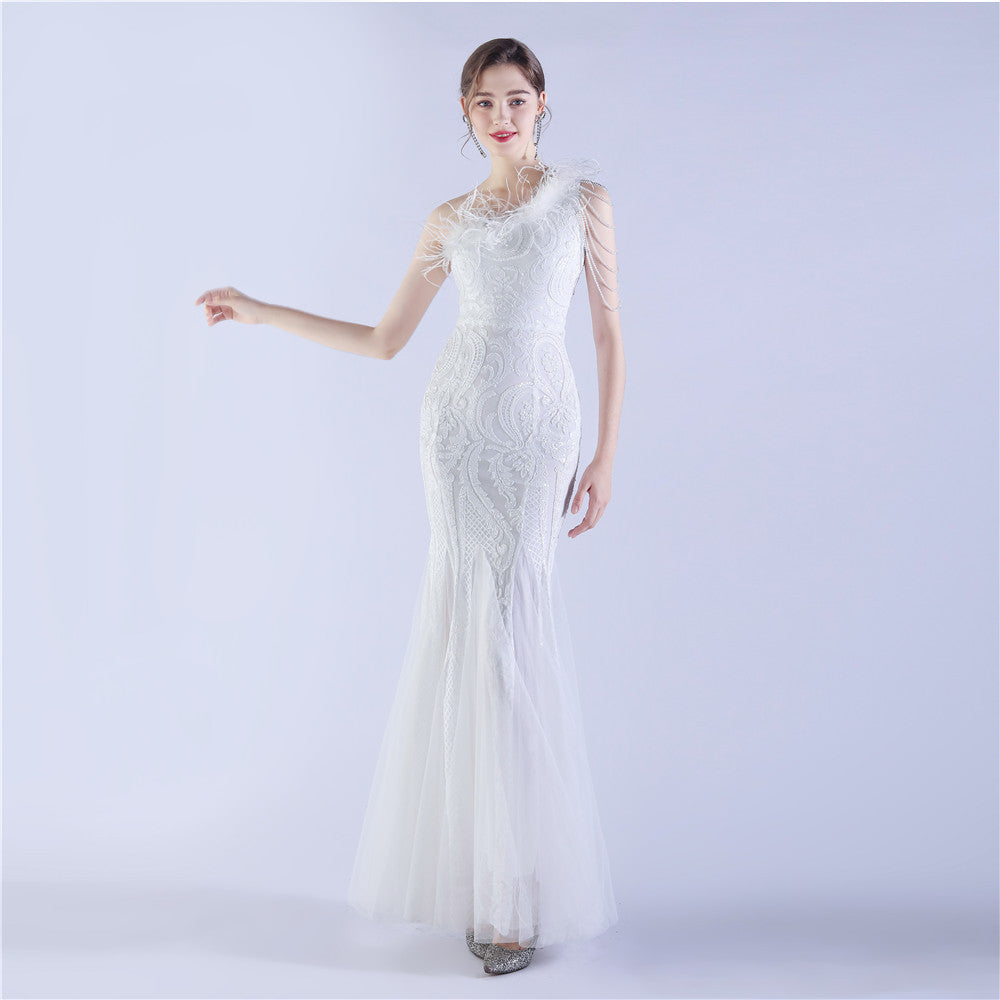Elegant Beading And Feathers High-End Sequined Evening Dress 12