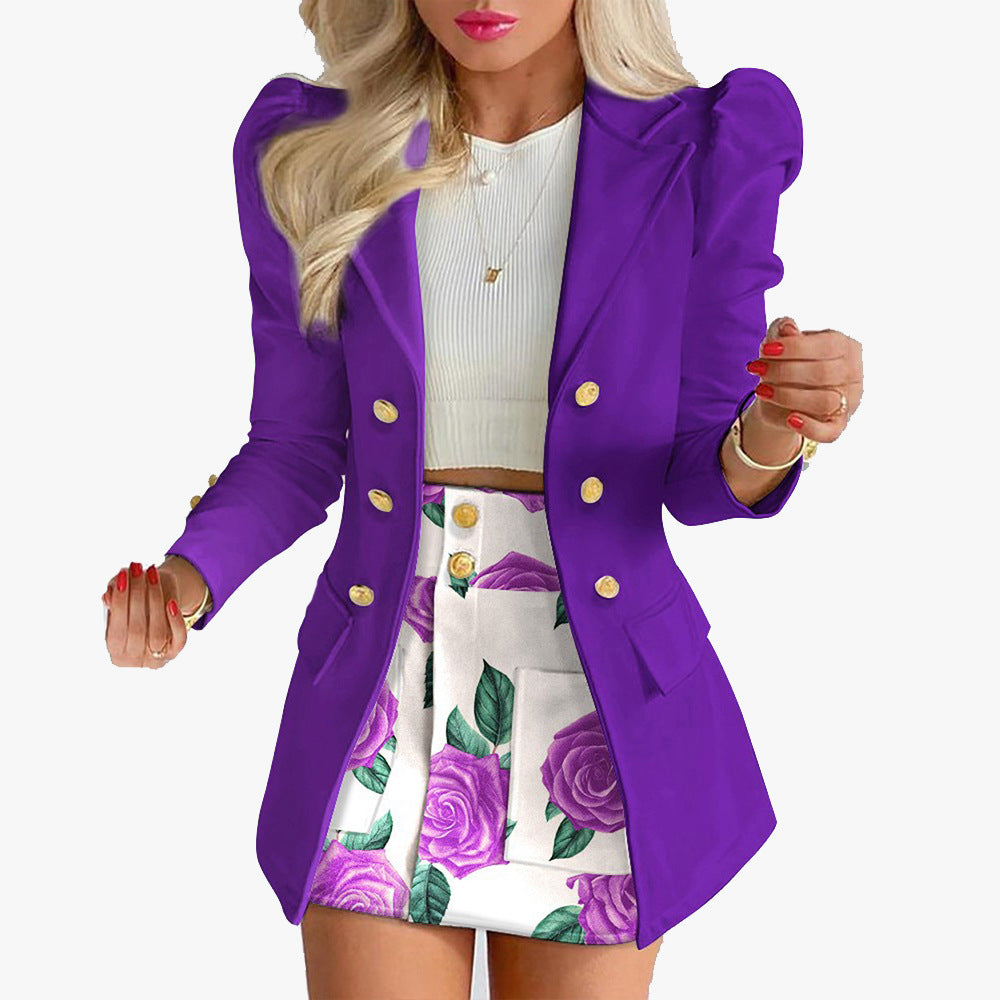 Women Printed Elegant Career Blazer and Print Skirt Two-Piece Set 25