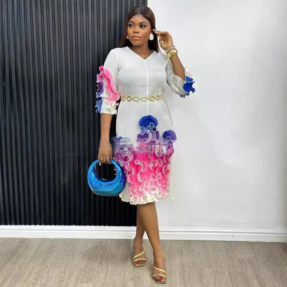 Africa Plus Size Dress Fashion Rainbow Ruffle Chic Elegant Slim Fit Midi Dress