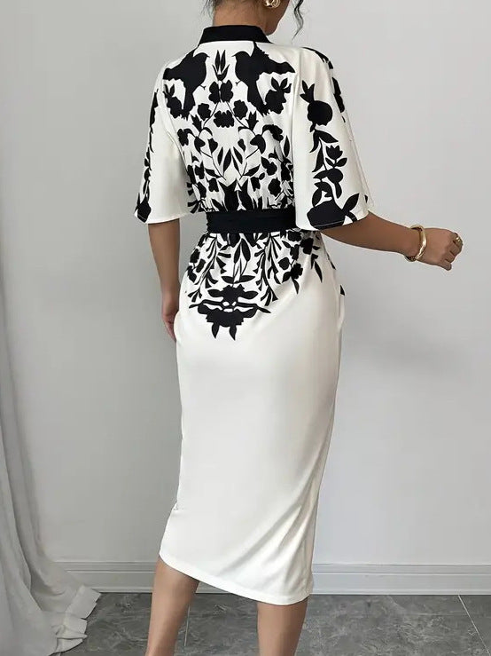 Women V-Neck Contrast Floral Print Belted Slit Dress 3