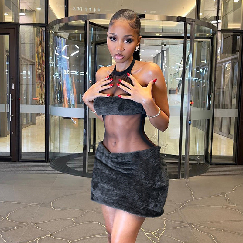 Women Fall/Winter Sexy Mesh See-Through Patchwork Furry Sleeveless Backless Dress 8