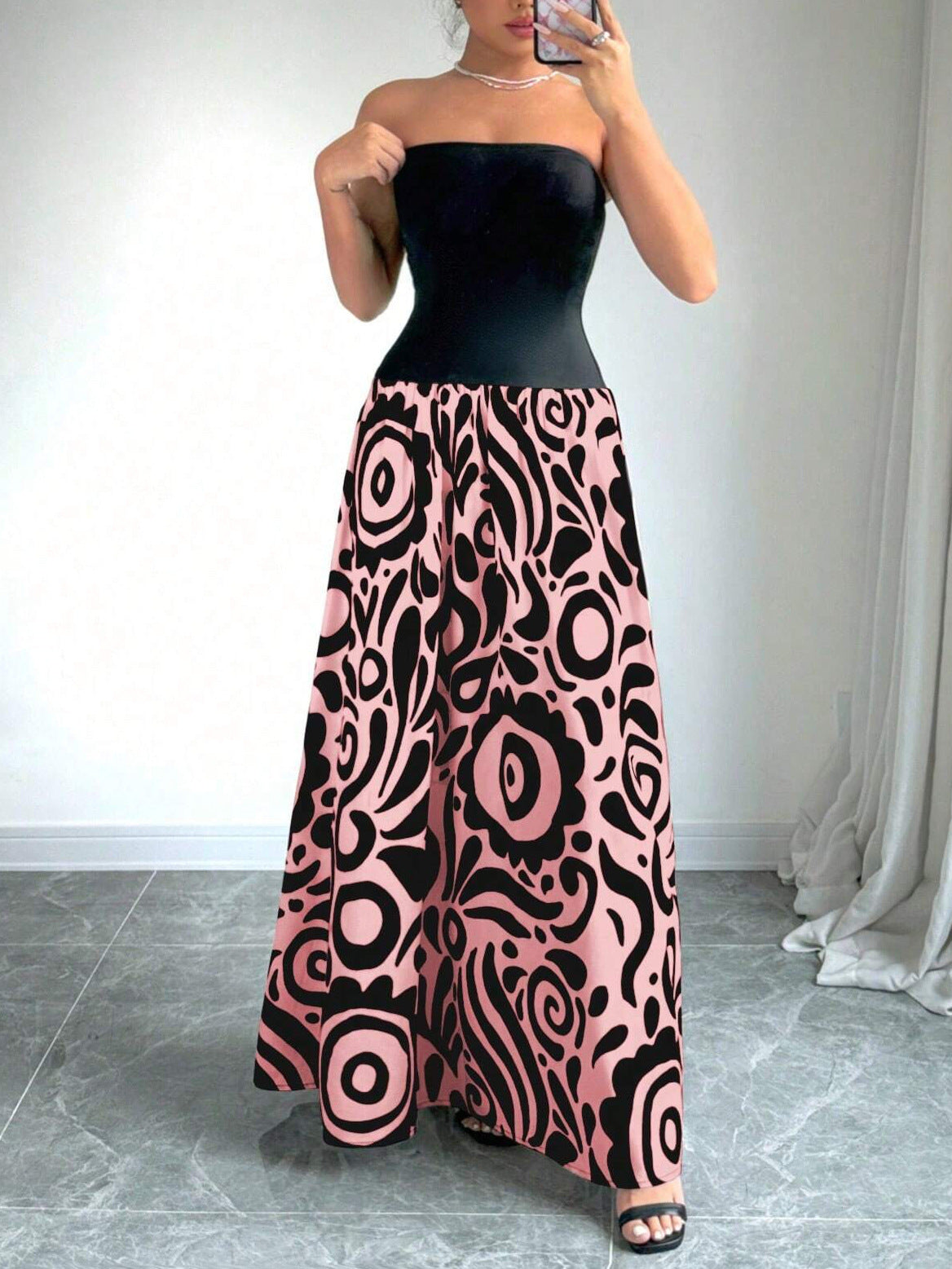 Women Patchwork Geometric Print Backless Strapless Dress 3