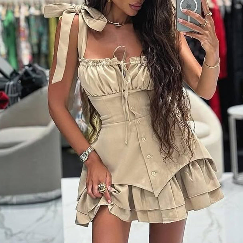 Women Beach Holidays Suspender Lace-Up Waist Solid Dress 4