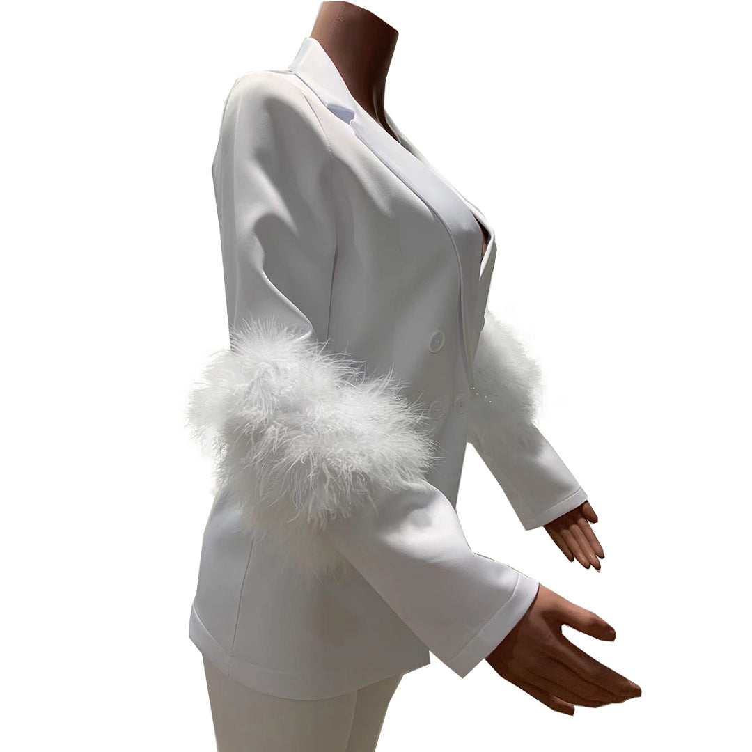 Fall Women Feather Blazer and Pant Two Piece 18
