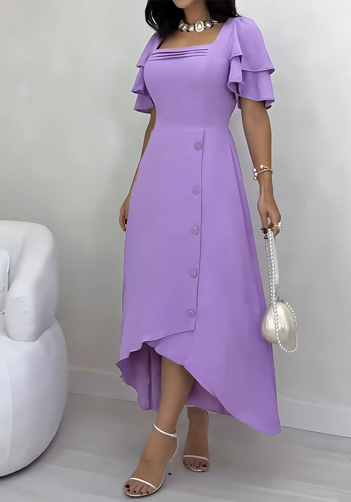 Women's Casual Ruffle Sleeve Slim Waist Button-Down A-Line Dress