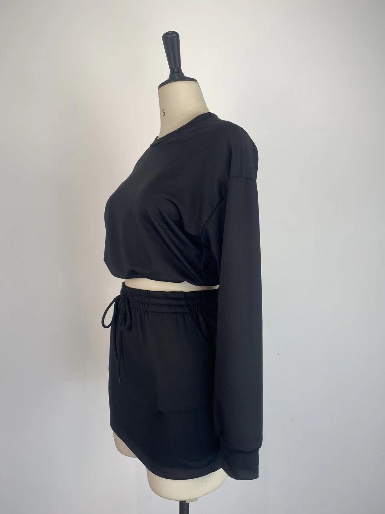 Women Long-Sleeved Solid Bodycon Skirt Two-Piece Set 15