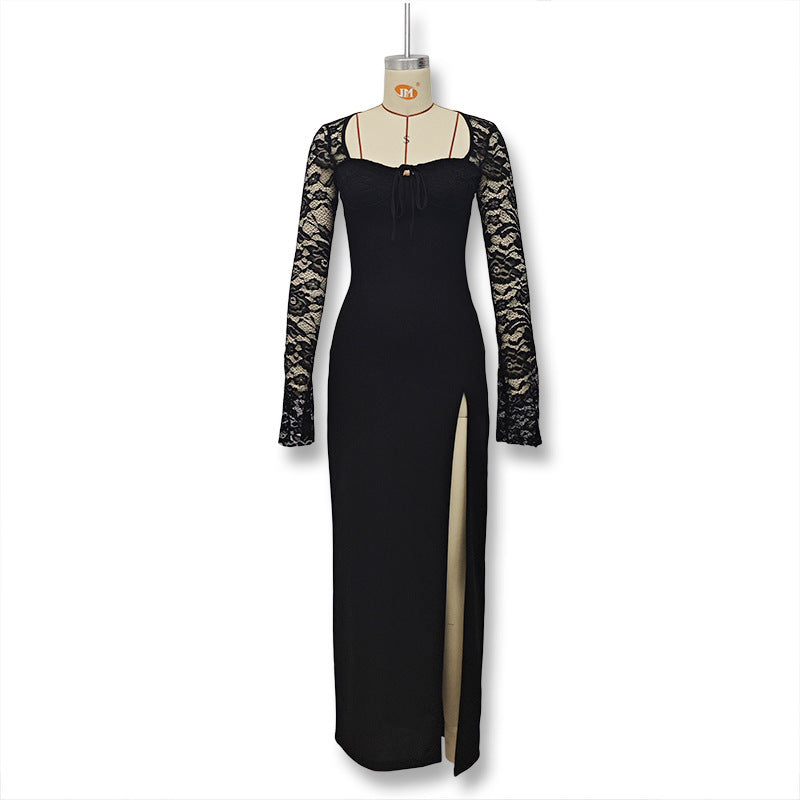 Women Autumn Sexy Slit Lace Patchwork Dress 12