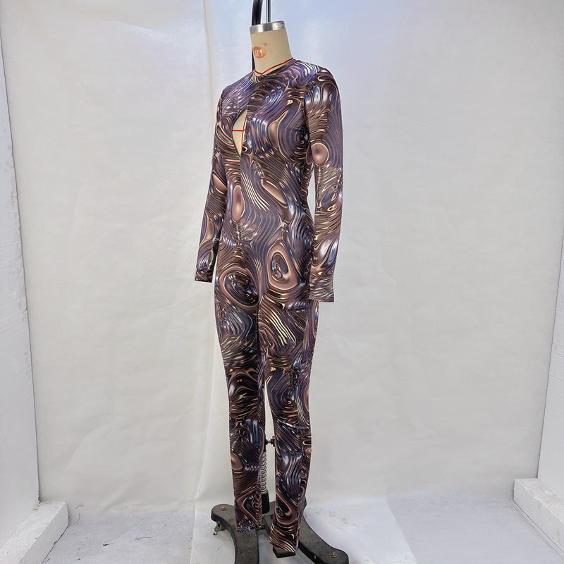 Women Hollow Long Sleeve Backless Printed Jumpsuit 16