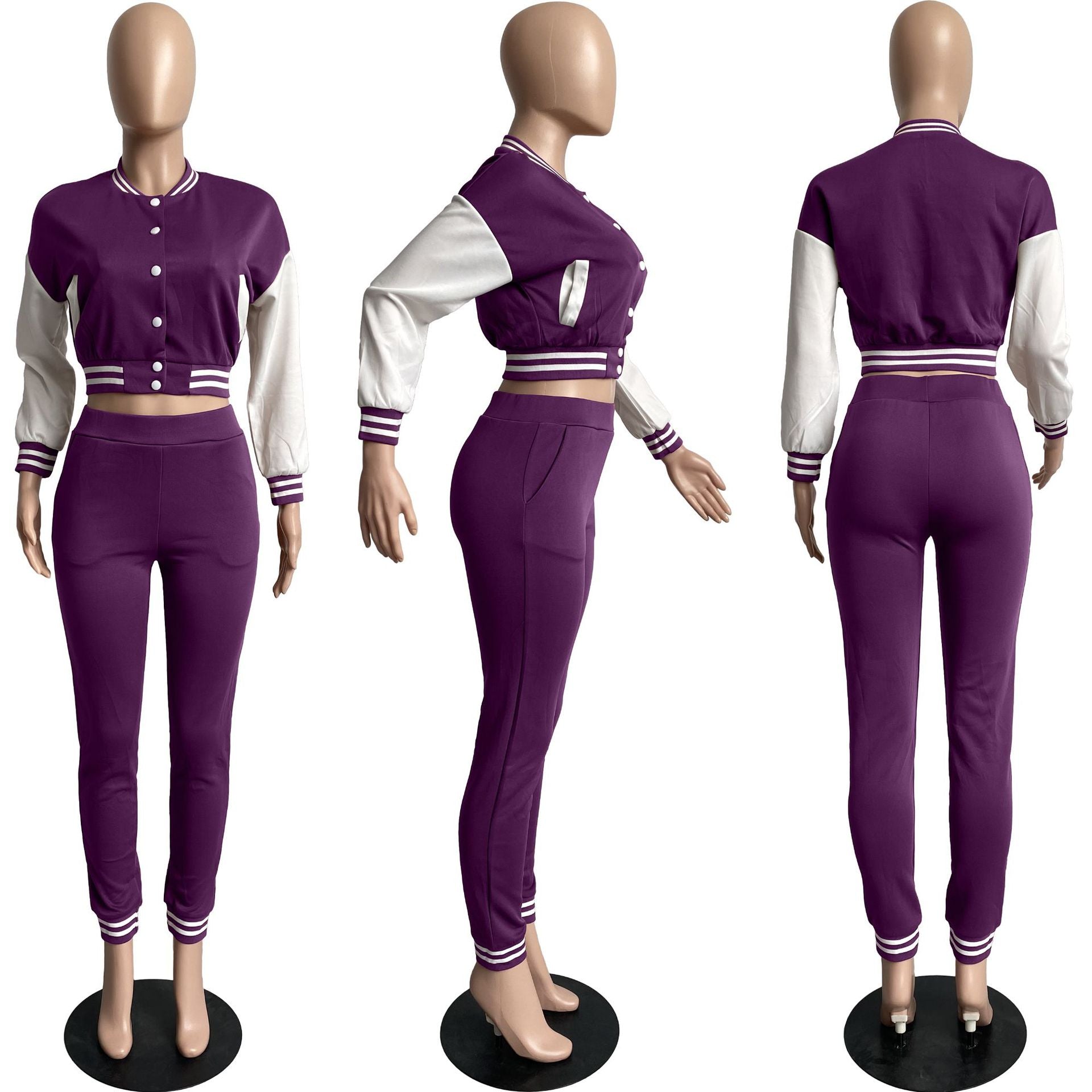 Women's Color Block Single Breasted Patchwork Long Sleeve Baseball Jersey Pants Two Piece Set For Women 28