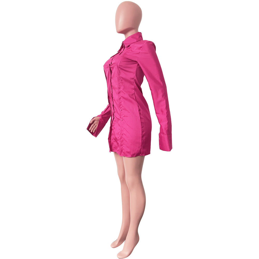 Women's Solid Color Single-Breasted Slit Long Sleeves Shirt Dress 29