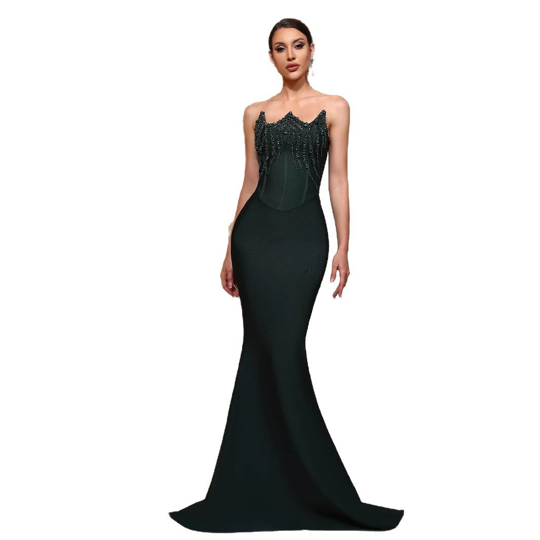 Women Strapless Lace-Up Diamond Fishtail Evening Dress 6