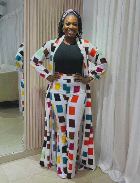 Women Casual Printed Slit Robe and Pant Two-piece Set